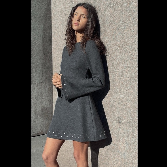Zara Dresses & Skirts - Zara Gray Long Sleeve Dress with Studded Hem